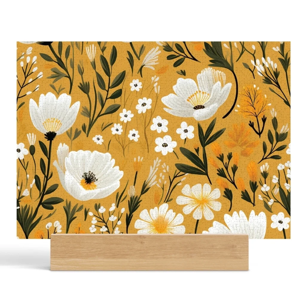 Floral Cutting Board with White and Green Design Yellow Background 11in X 8in
